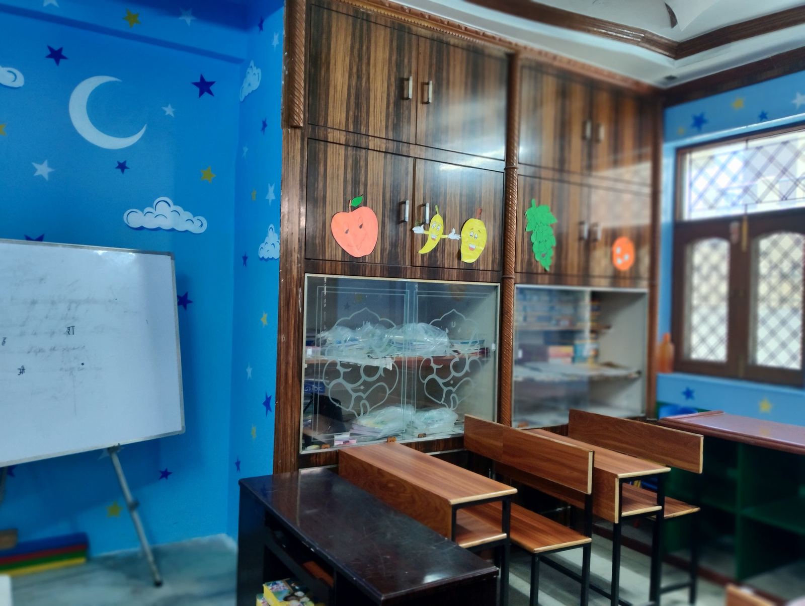 Prakriti classroom decorated with a space and galaxy theme